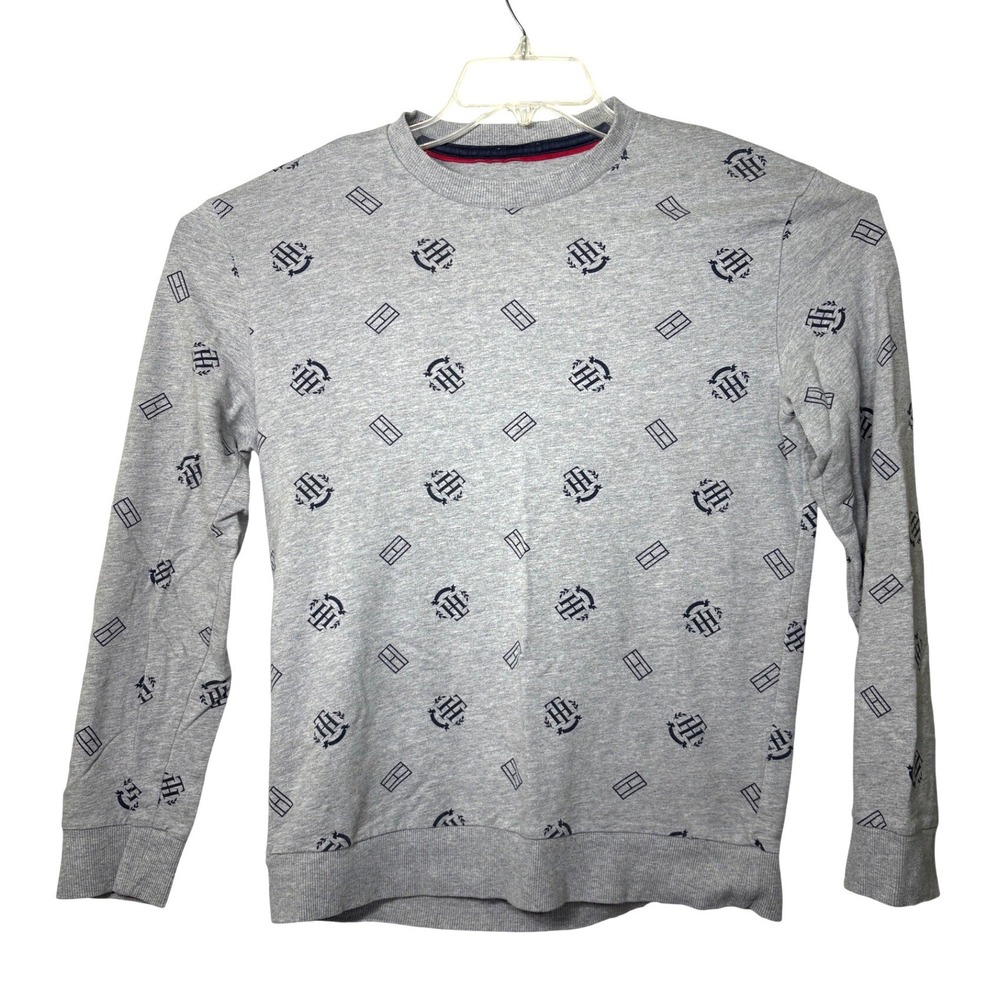 Tommy Hilfiger Men S/M Sweatshirt Grey TH Crest Logo Pullover Crew Neck READ